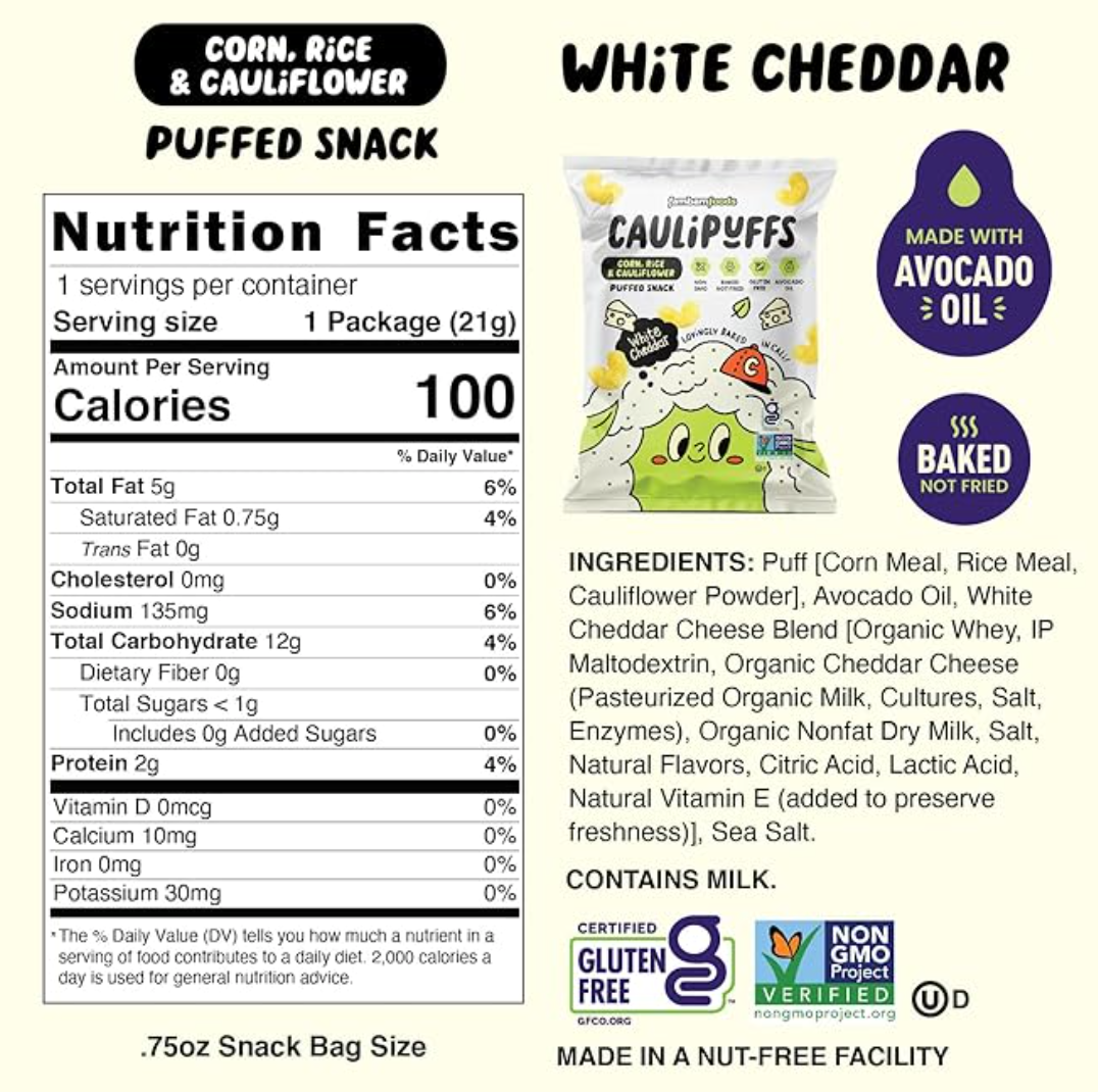 Caulipuffs White Cheddar puffed snack nutrition facts and ingredients label with product packaging.