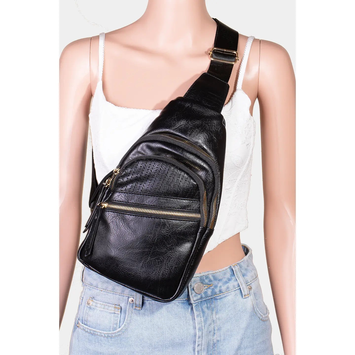 Three Pocket Faux Leather Sling Bag