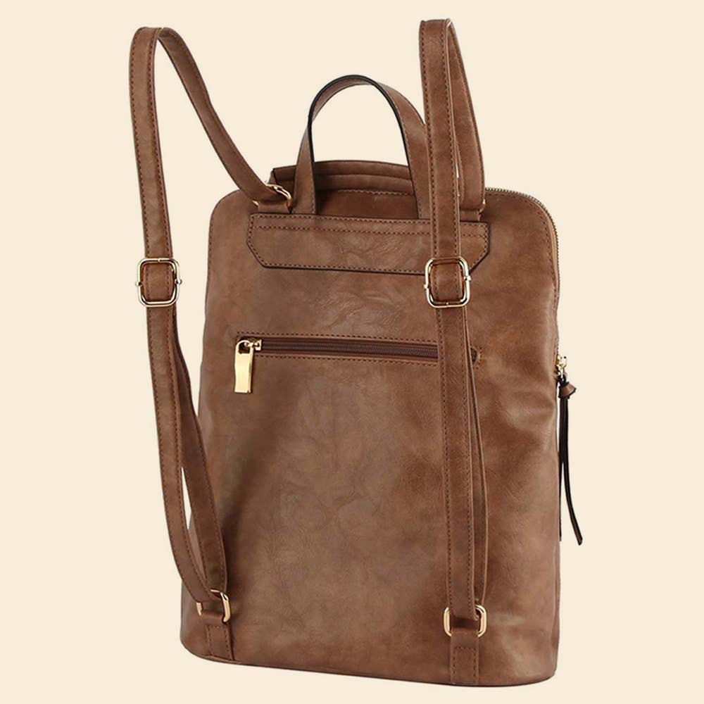 Back view of a brown leather backpack with adjustable straps and zipper pocket on a beige background.
