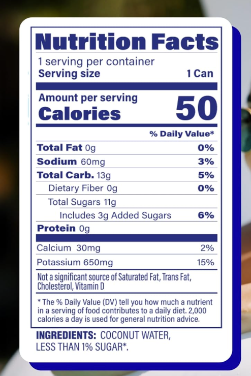 Nutrition facts label for C2O Coconut Water, 50 calories per can, 650mg potassium, and less than 1% sugar.