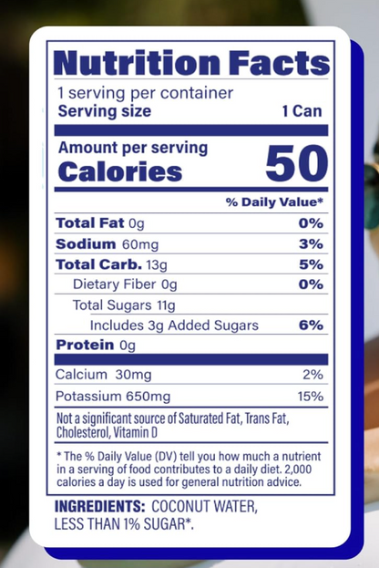 Nutrition facts label for C2O Coconut Water, 50 calories per can, 650mg potassium, and less than 1% sugar.