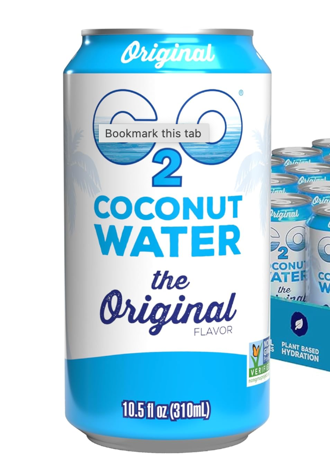 Single can of C2O Coconut Water Original flavor, 10.5 fl oz, displayed on a white background with packaging case in the background.