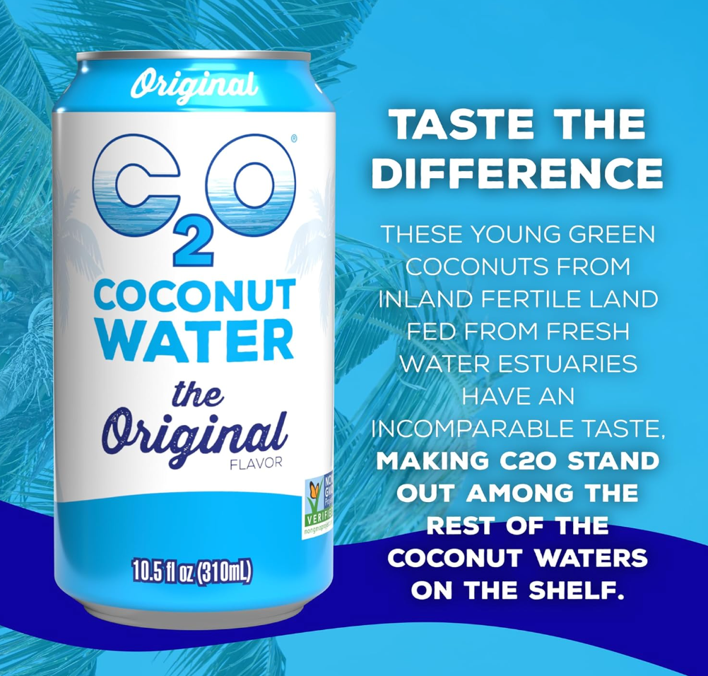 C2O Coconut Water can with promotional text highlighting taste difference on a bright blue background.