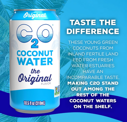 C2O Coconut Water can with promotional text highlighting taste difference on a bright blue background.