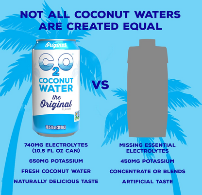Comparison image of C2O Coconut Water can versus generic coconut water concentrate, showing electrolytes, potassium, and taste differences on a blue palm tree background.
