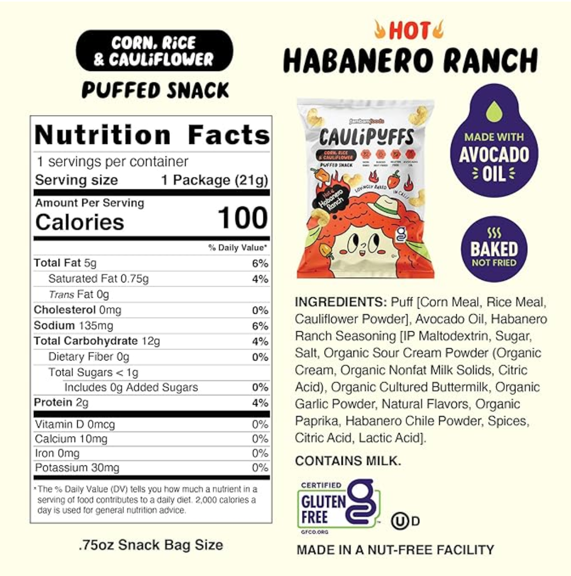 Nutrition facts panel and ingredients list for CauliPuffs Hot Habanero Ranch puffed snack with product packaging shown.