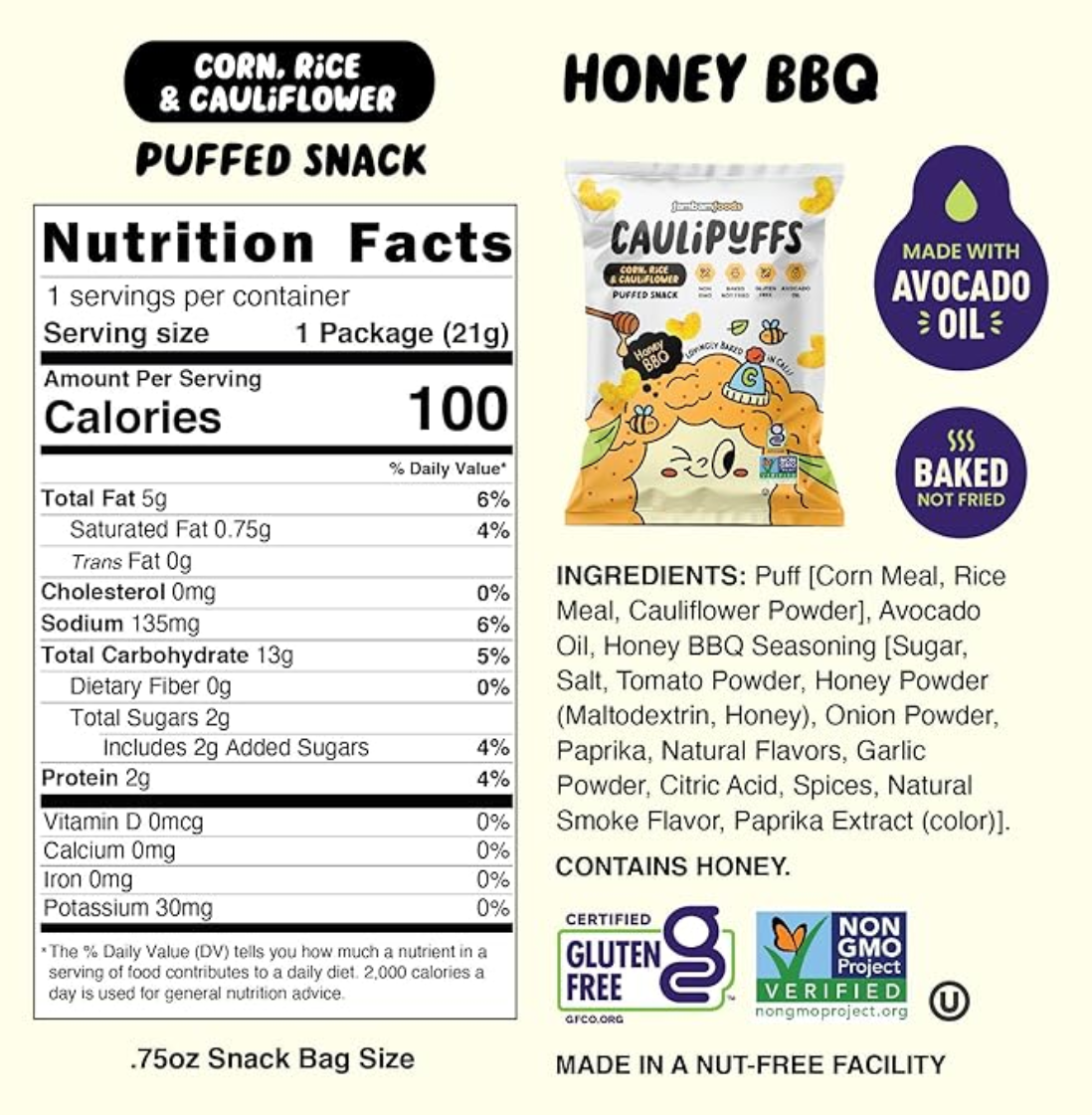 Caulipuffs Honey BBQ puffed snack nutrition facts and ingredients label with packaging image.