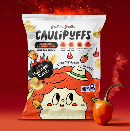 CauliPuffs Hot Habanero Ranch puffed snack package on a red background with pepper illustration.