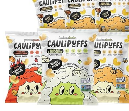 Assorted Caulipuffs snack bags in multiple flavors including White Cheddar, Honey BBQ, and Habanero Ranch on a white background.