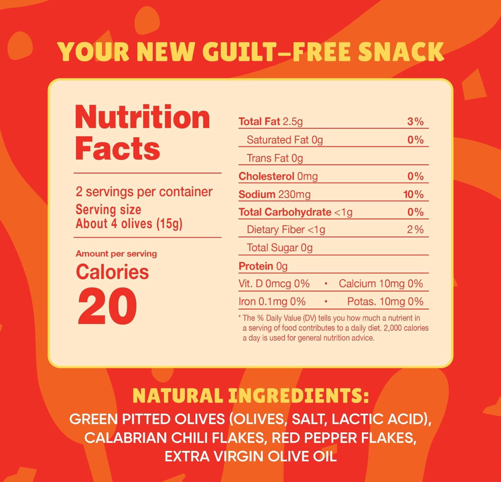 Nutrition facts label and natural ingredients for Freestyle Snacks Hot & Spicy Green Olives on a red and orange background.