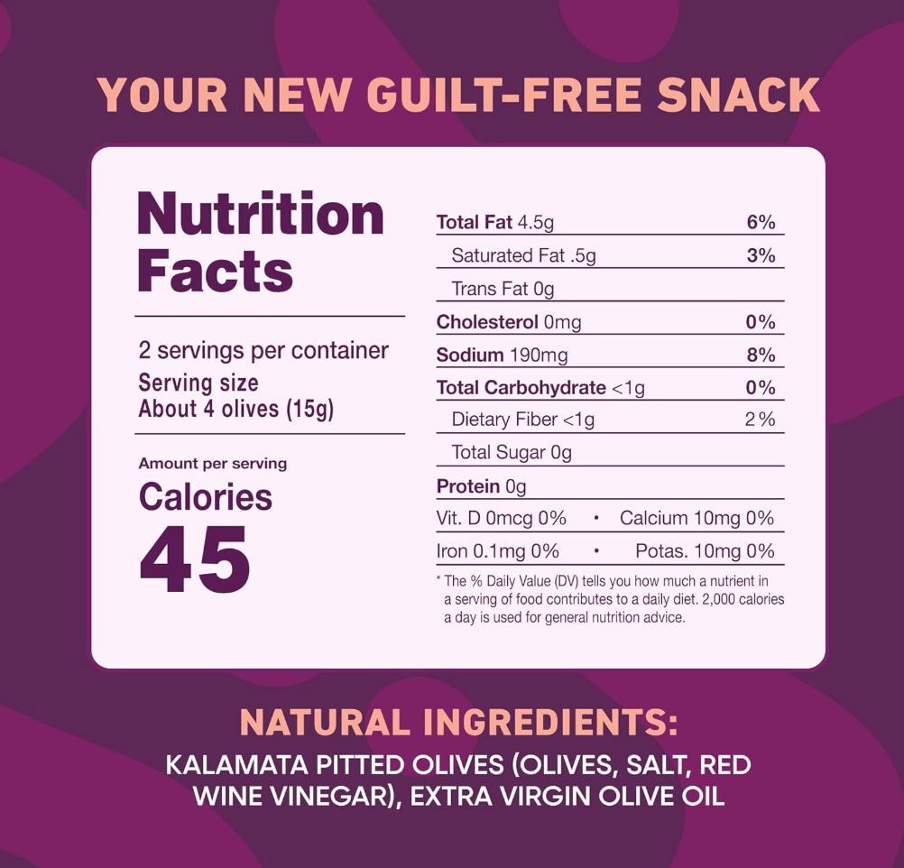 Nutrition facts label and natural ingredients for Freestyle Snacks Kalamata Olives on a purple background.