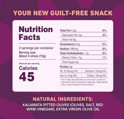 Nutrition facts label and natural ingredients for Freestyle Snacks Kalamata Olives on a purple background.