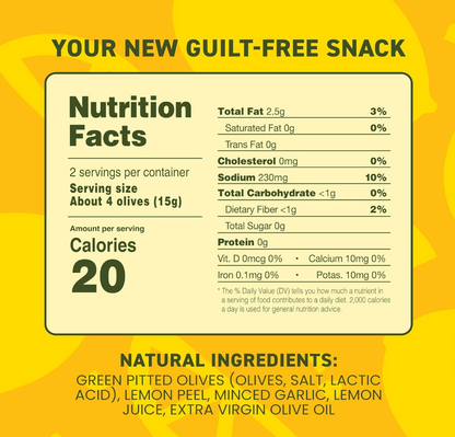 Nutrition facts label and natural ingredients for Freestyle Snacks Lemon Garlic Green Olives on a yellow background.