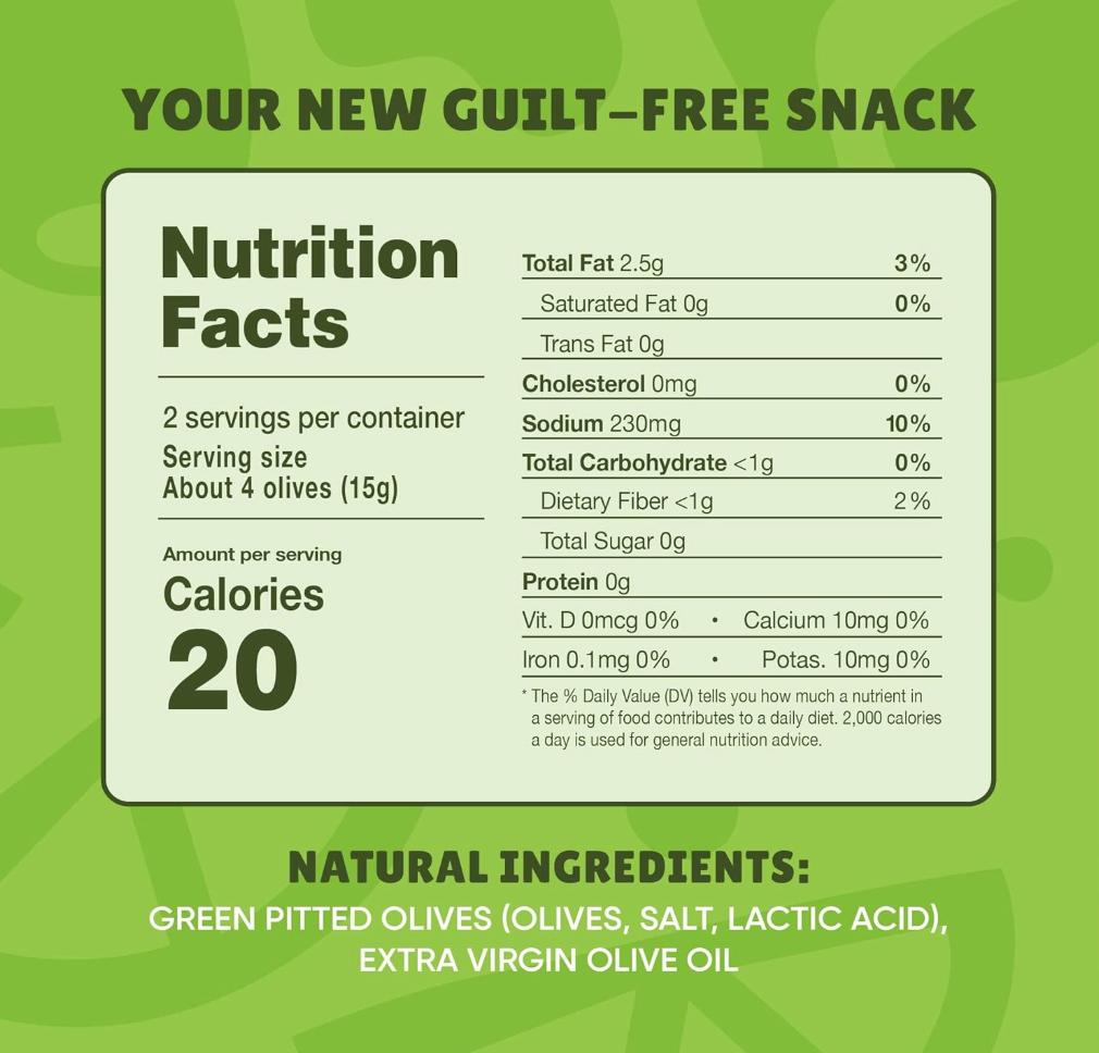 Nutrition facts label and natural ingredients for Freestyle Snacks Original Green Olives on a green background.