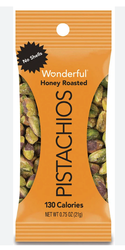 Single package of Wonderful No Shells Honey Roasted Pistachios on a white background.