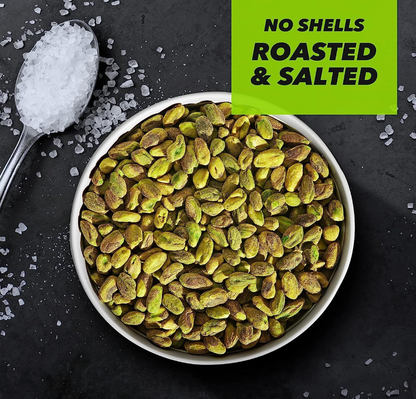 Bowl of Wonderful Pistachios No Shells Roasted & Salted with coarse sea salt and spoon on a dark surface.