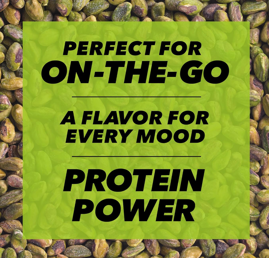 Promotional graphic with pistachio background and green overlay text: “Perfect for On-The-Go, A Flavor for Every Mood, Protein Power.”