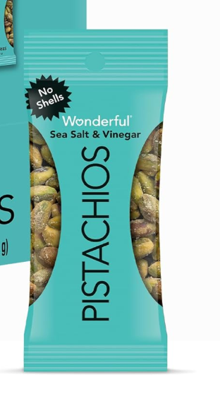 Teal package of Wonderful Pistachios Sea Salt & Vinegar flavor, no shells, displayed on a white background.