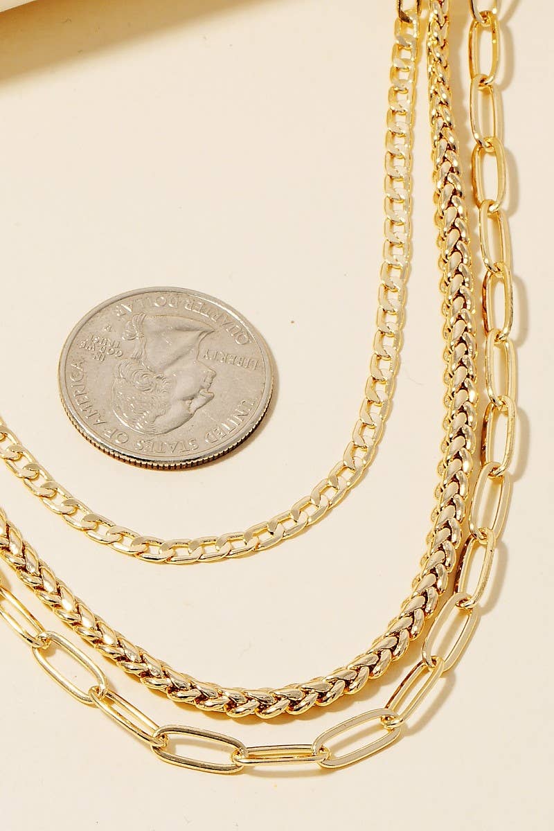 Three gold chain necklaces stacked together on a beige surface with a coin for scale.