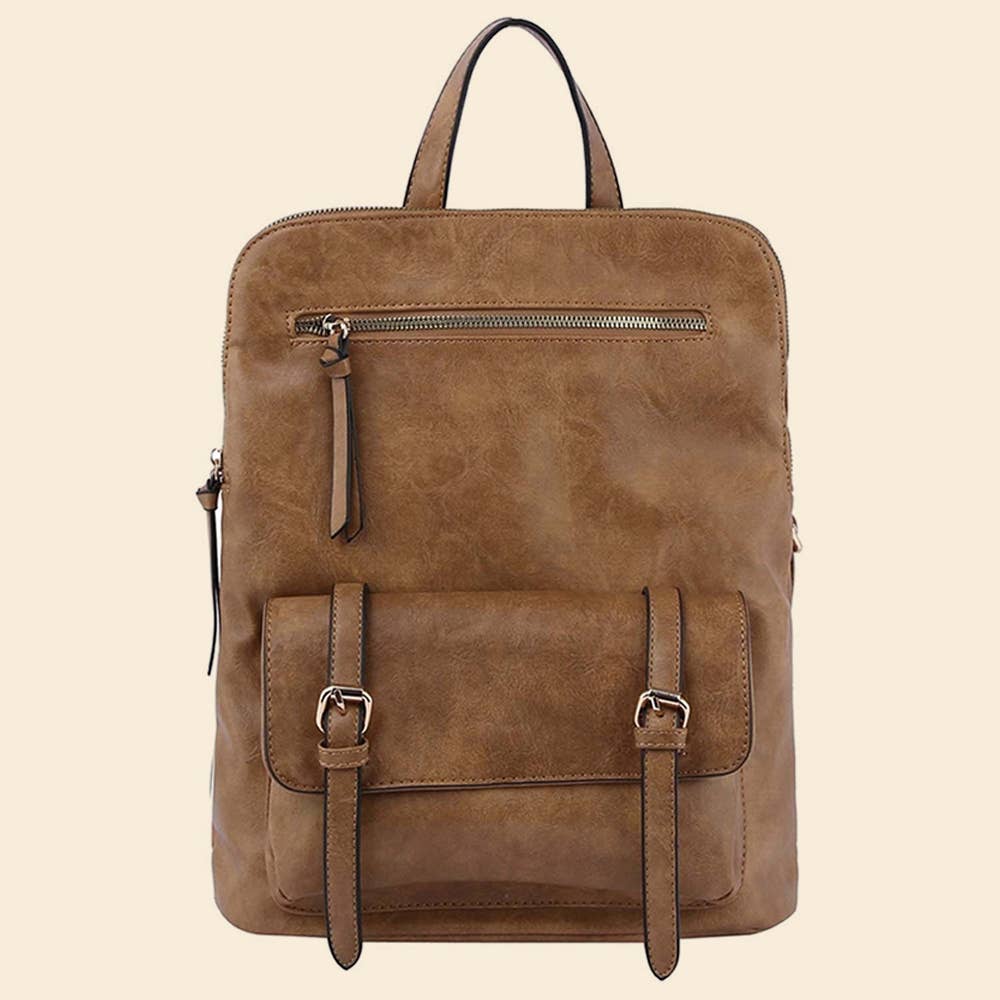 Tan leather backpack with front zipper and buckle pocket on a beige background.