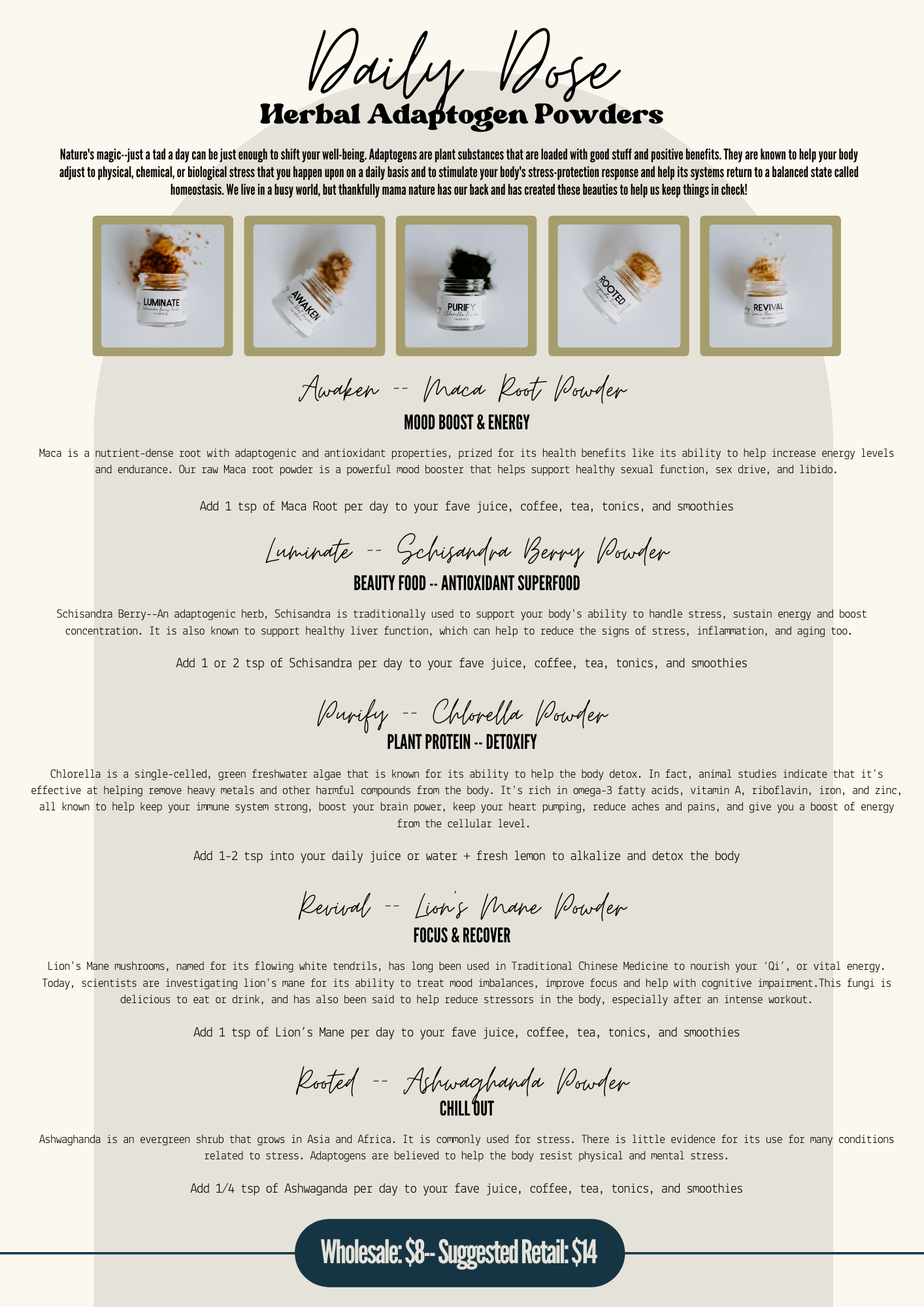 The Goodery Daily Dose Herbal Adaptogen Powders wholesale flyer featuring Ashwagandha, Maca Root, Schizandra Berry, Chlorella, Lion’s Mane, and Reishi powders for mood, focus, energy, beauty, and wellness support.