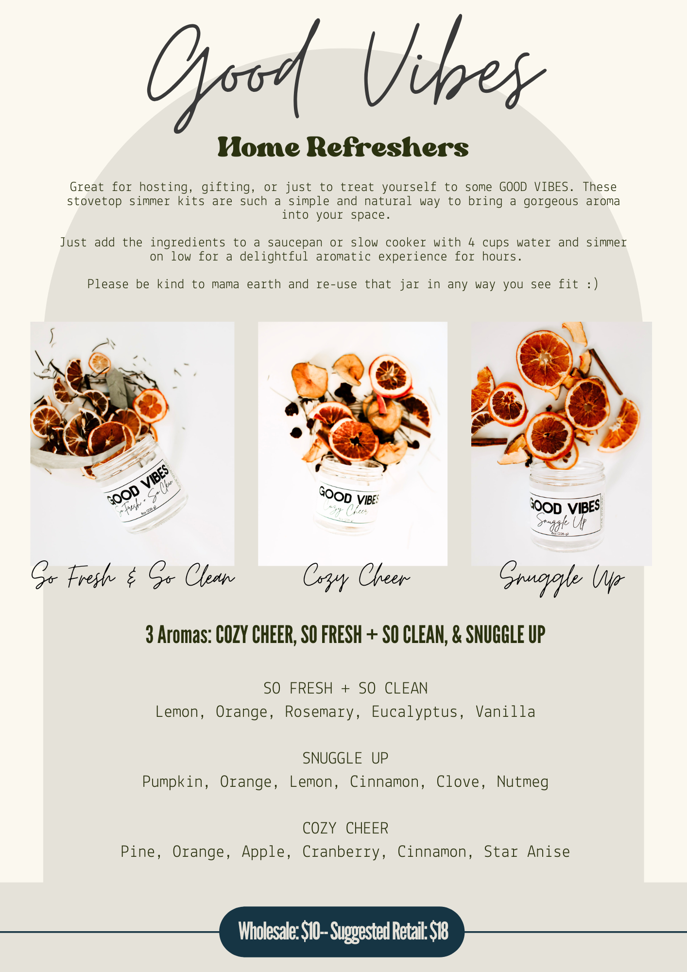 The Goodery Good Vibes Home Refreshers wholesale flyer featuring stovetop simmer kits in three aromas: So Fresh & So Clean, Cozy Cheer, and Snuggle Up, with dried fruit and spice blends for natural home fragrance.