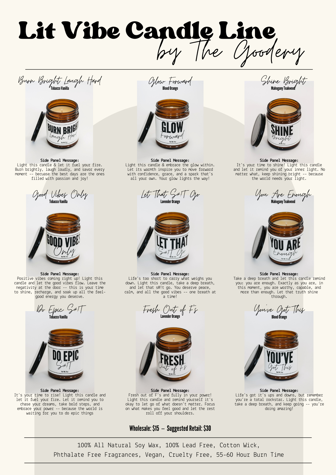 The Goodery Lit Vibe Candle Line wholesale flyer featuring motivational soy candles with phrases like Burn Bright, Glow Forward, Shine Bright, Good Vibes Only, Let That Sht Go, You Are Enough, Do Epic Sht, Fresh Out of F*cks, and You’ve Got This.