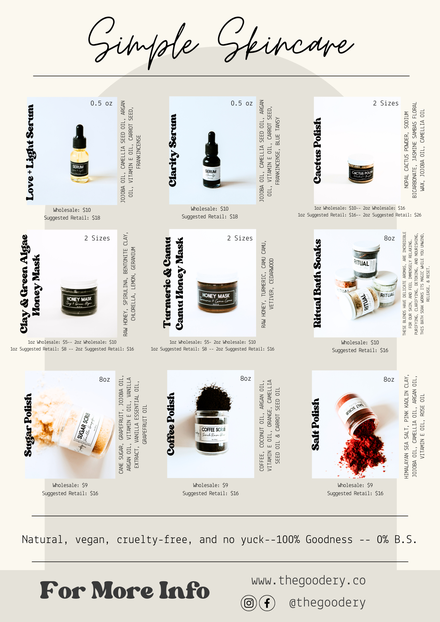 The Goodery Simple Skincare wholesale flyer featuring natural, vegan, cruelty-free products including Love + Light Serum, Clarity Serum, Clay & Green Algae Mask, Turmeric & Green Camellia Mask, Couture Polish, Sugar Polish, Coffee Polish, Salt Polish, and Ritual Bath Soaks.