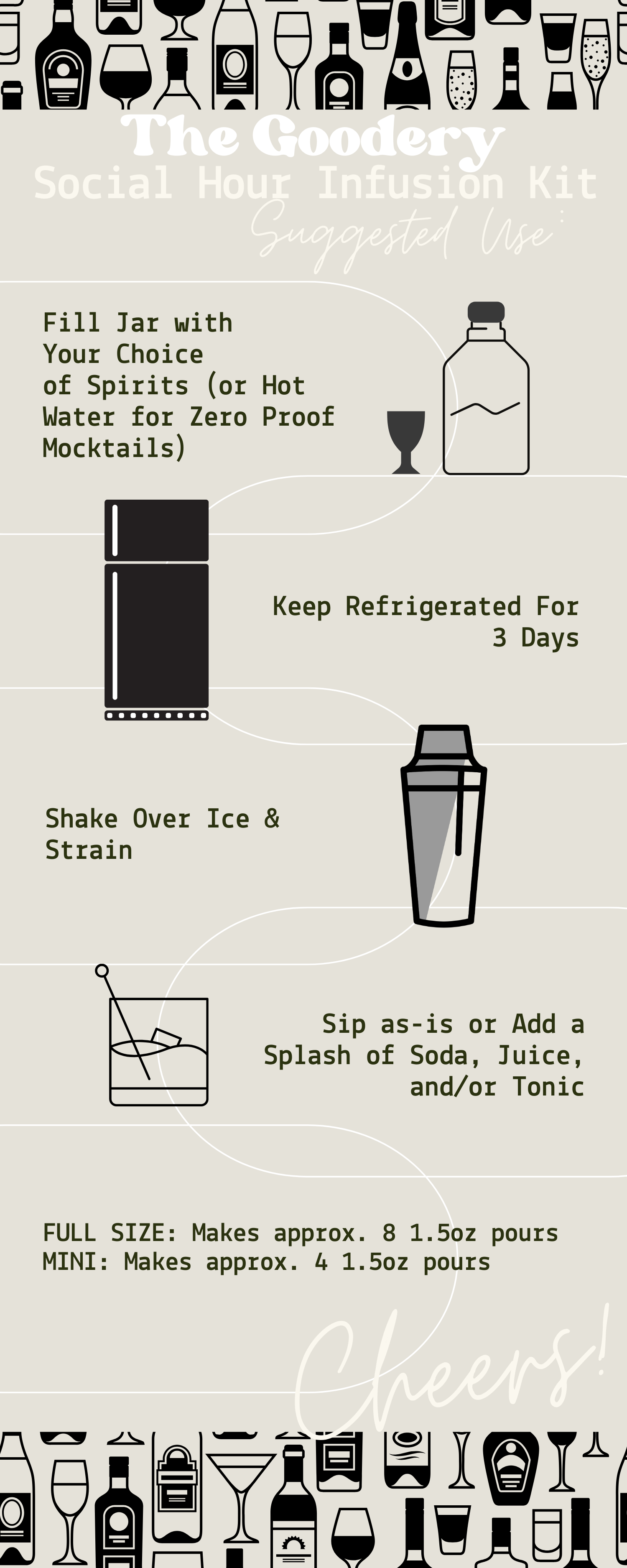 The Goodery Social Hour infusion kit instruction sheet showing step-by-step directions for preparing cocktails or mocktails with spirits, refrigeration, shaking, and serving suggestions.