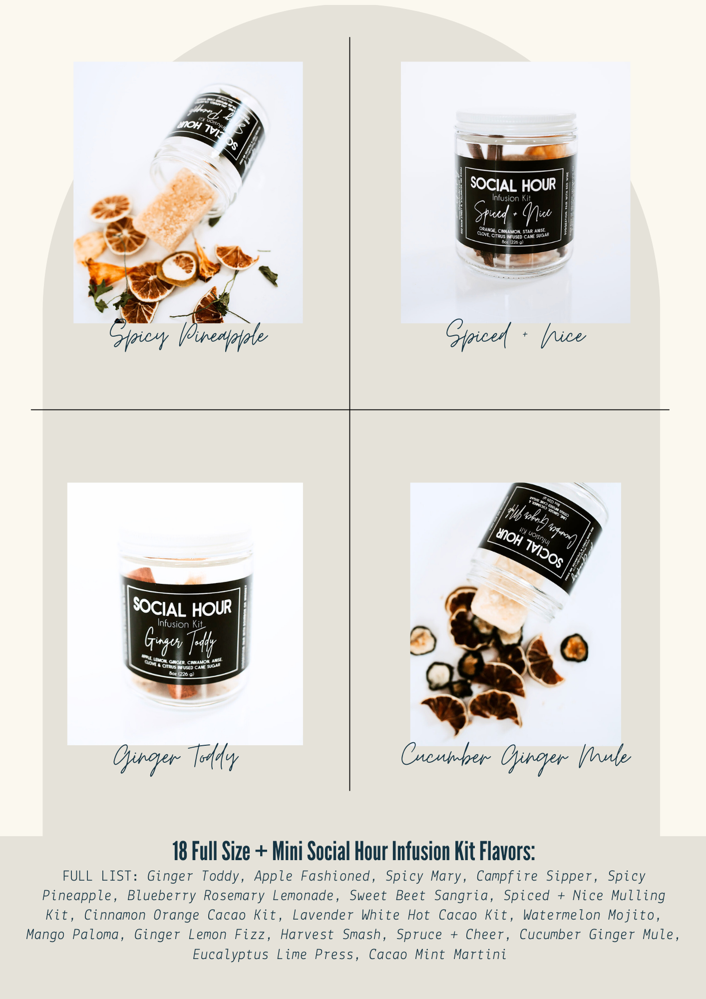 The Goodery Social Hour Infusion Kits wholesale flyer featuring four flavors: Spicy Pineapple, Spiced + Nice, Ginger Toddy, and Cucumber Ginger Mule, displayed in clear jars for cocktail or mocktail making.