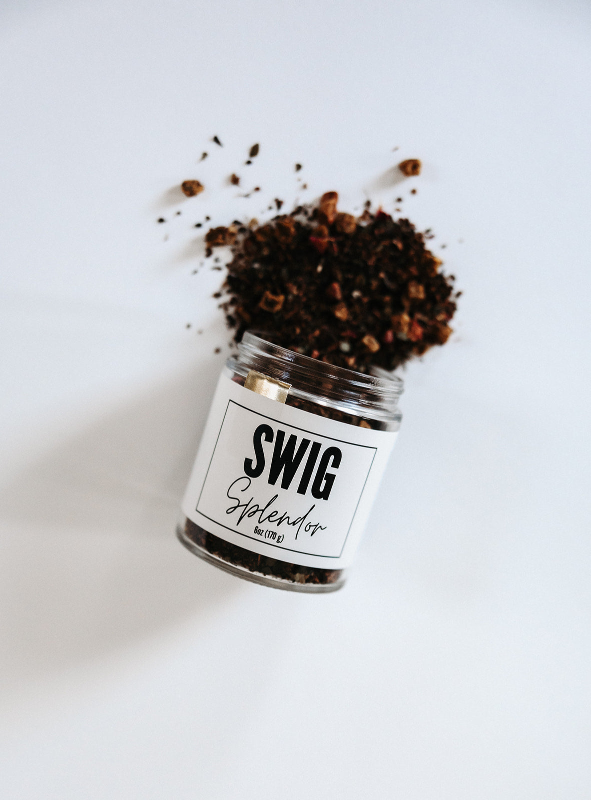 Swig Tea Splendor loose leaf blend spilling from jar by The Goodery