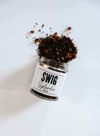 Swig Tea Splendor loose leaf blend spilling from jar by The Goodery