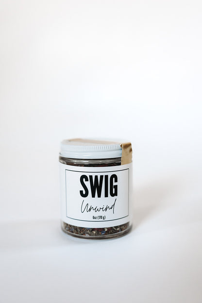 Swig Tea Unwind relaxing herbal tea blend in glass jar by The Goodery