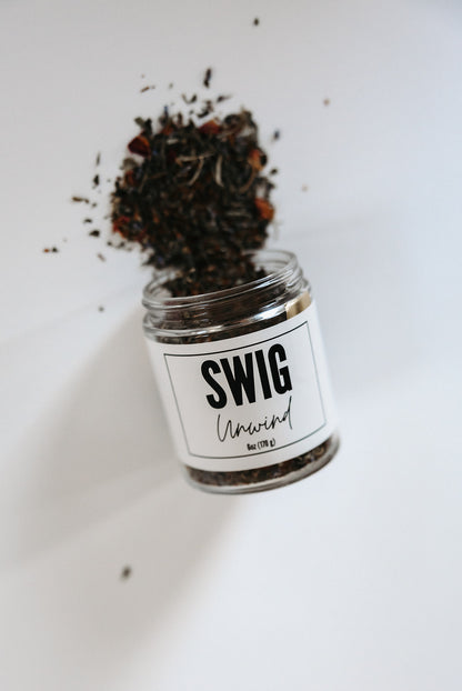 Swig Tea Unwind calming loose leaf tea spilling from jar by The Goodery