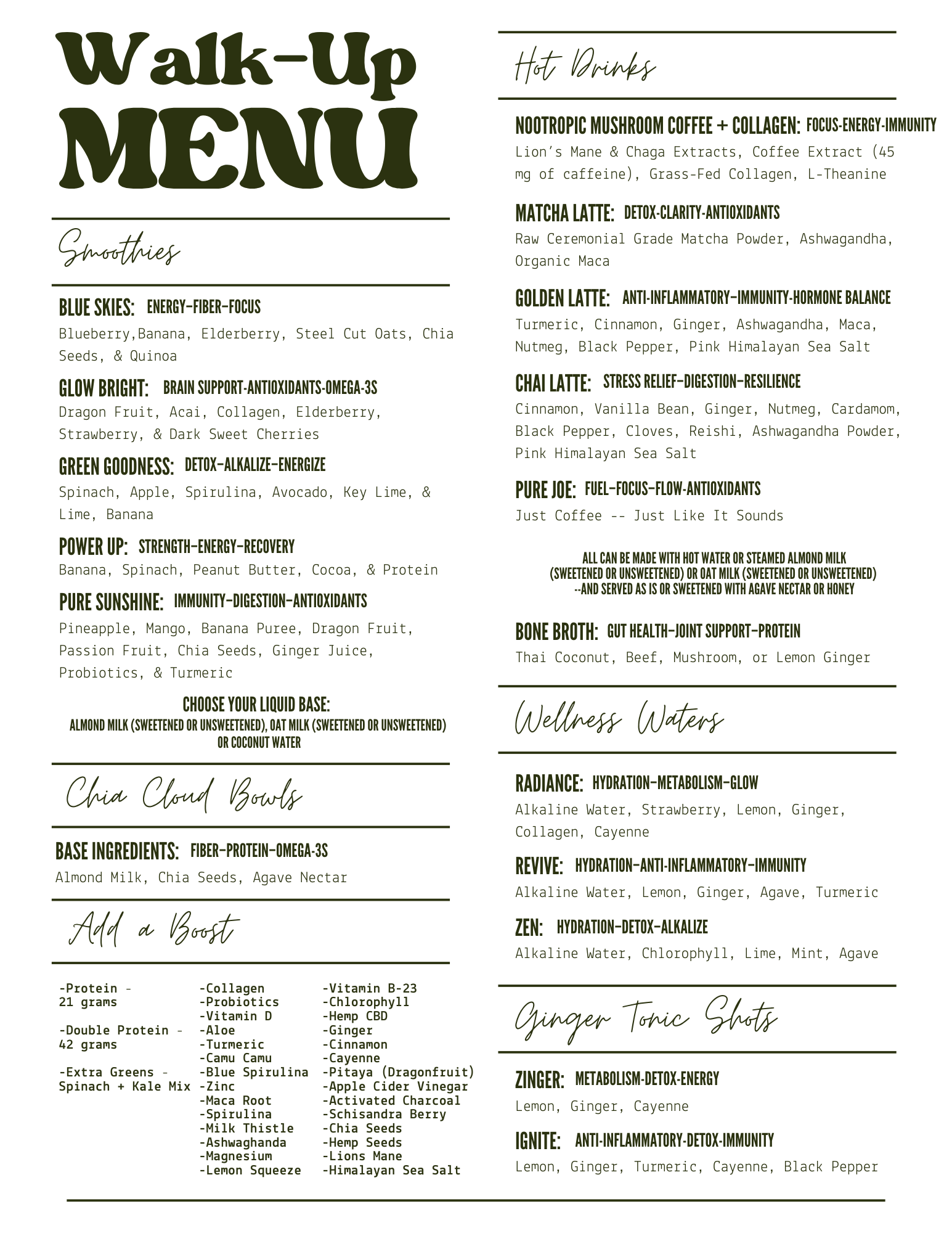 The Goodery walk-up menu featuring smoothies, chia cloud bowls, hot drinks, wellness waters, and ginger tonic shots available at the Stillwater juice bar.