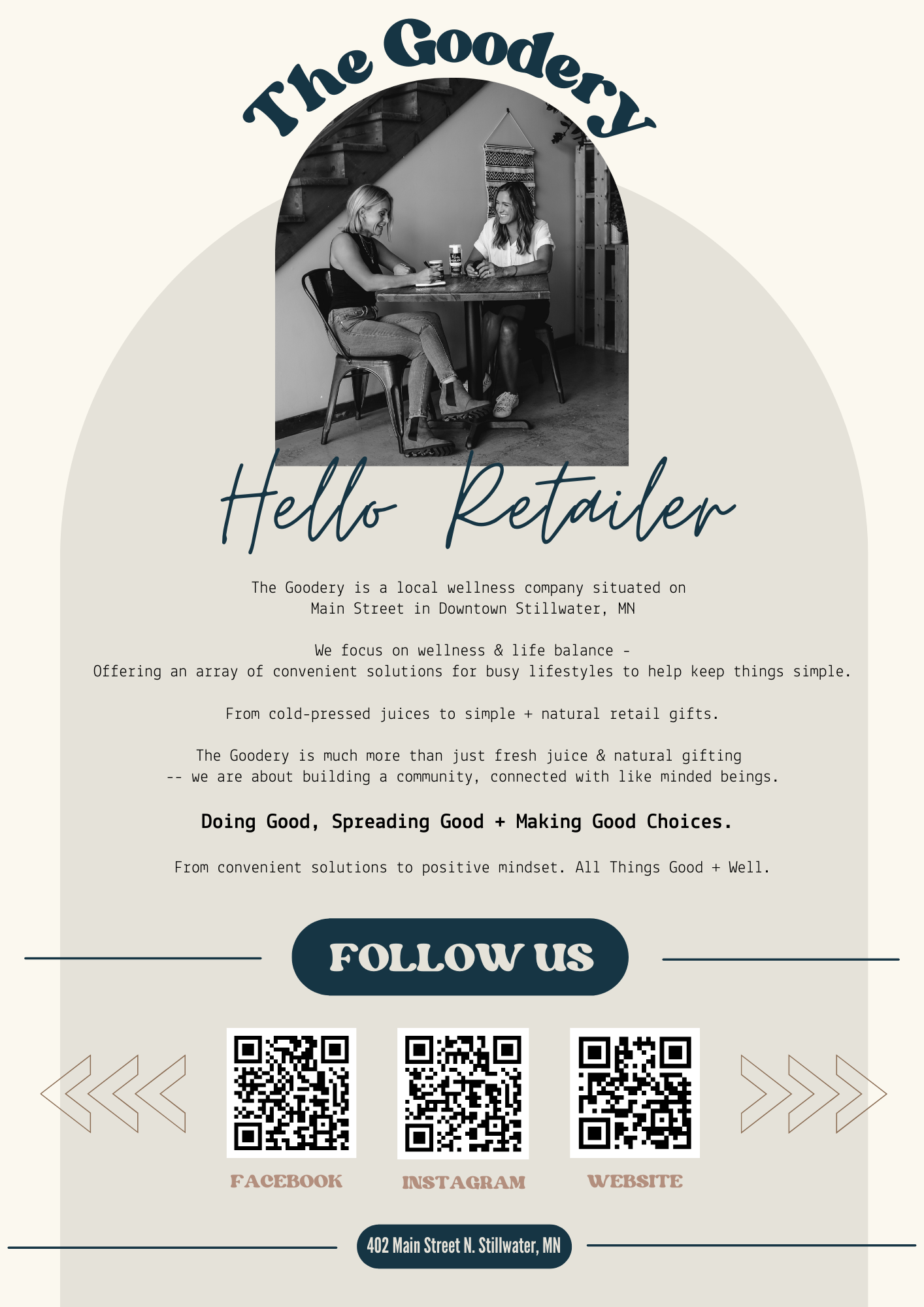 The Goodery wholesale products flyer for retailers, featuring cold-pressed juice, natural gifting, and community-focused wellness brand details with QR codes for Facebook, Instagram, and website.