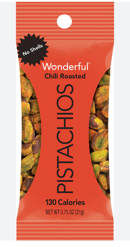 Red package of Wonderful No Shells Chili Roasted Pistachios, 130 calories per pack, on a white background.