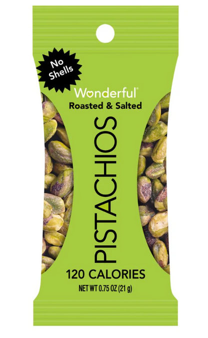 Green package of Wonderful No Shells Roasted & Salted Pistachios, 120 calories per pack, on a white background.