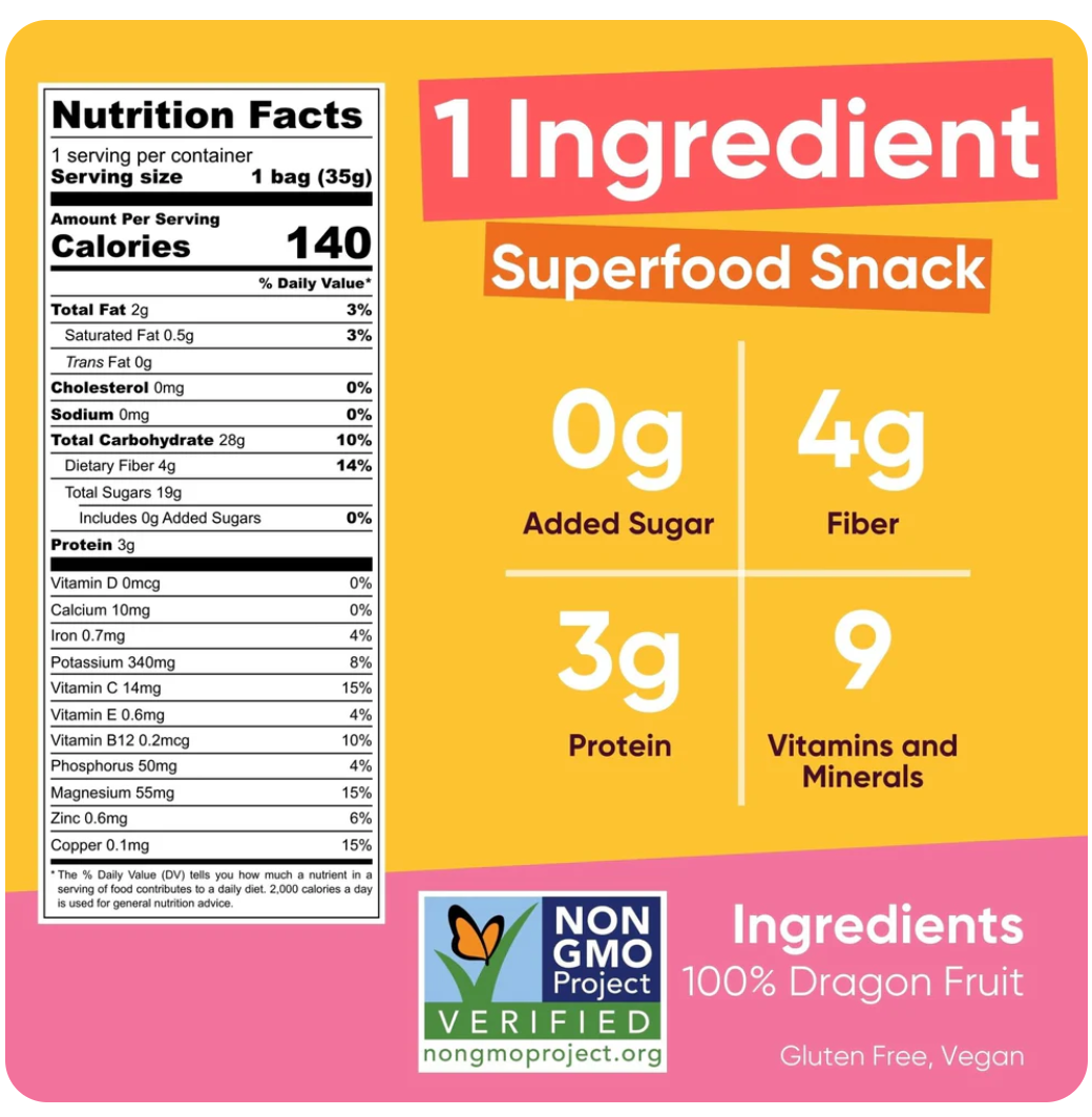 Nutrition facts and ingredient label for Yammy Dragon Fruit Chips on a yellow and pink background.