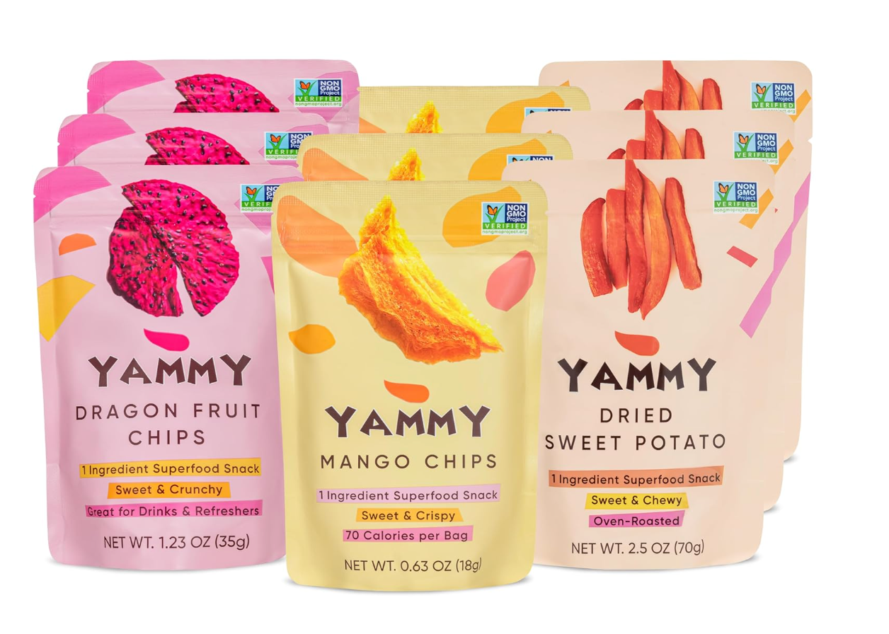Yammy snack packaging featuring Dragon Fruit Chips, Mango Chips, and Dried Sweet Potato Chips on a white background.