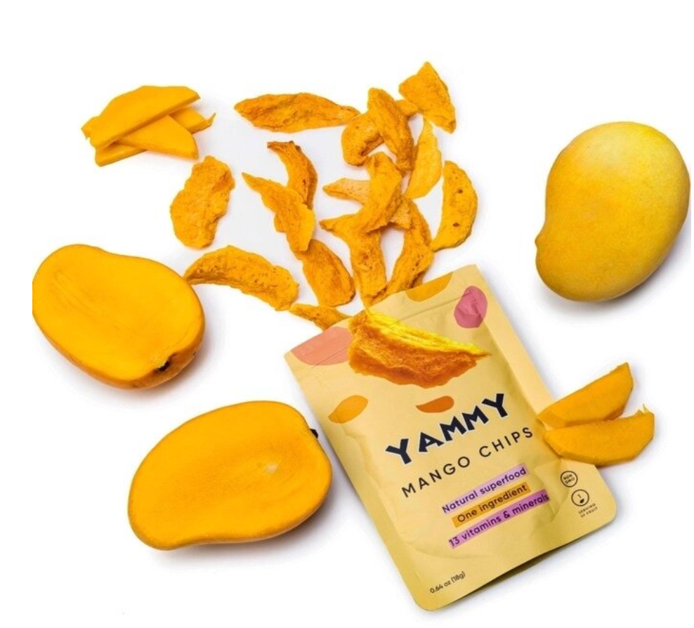 Yammy Mango Chips packaging with dried mango slices and whole mangoes on a white background.