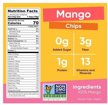 Nutrition facts and ingredient label for Yammy Mango Chips on a yellow and pink background.