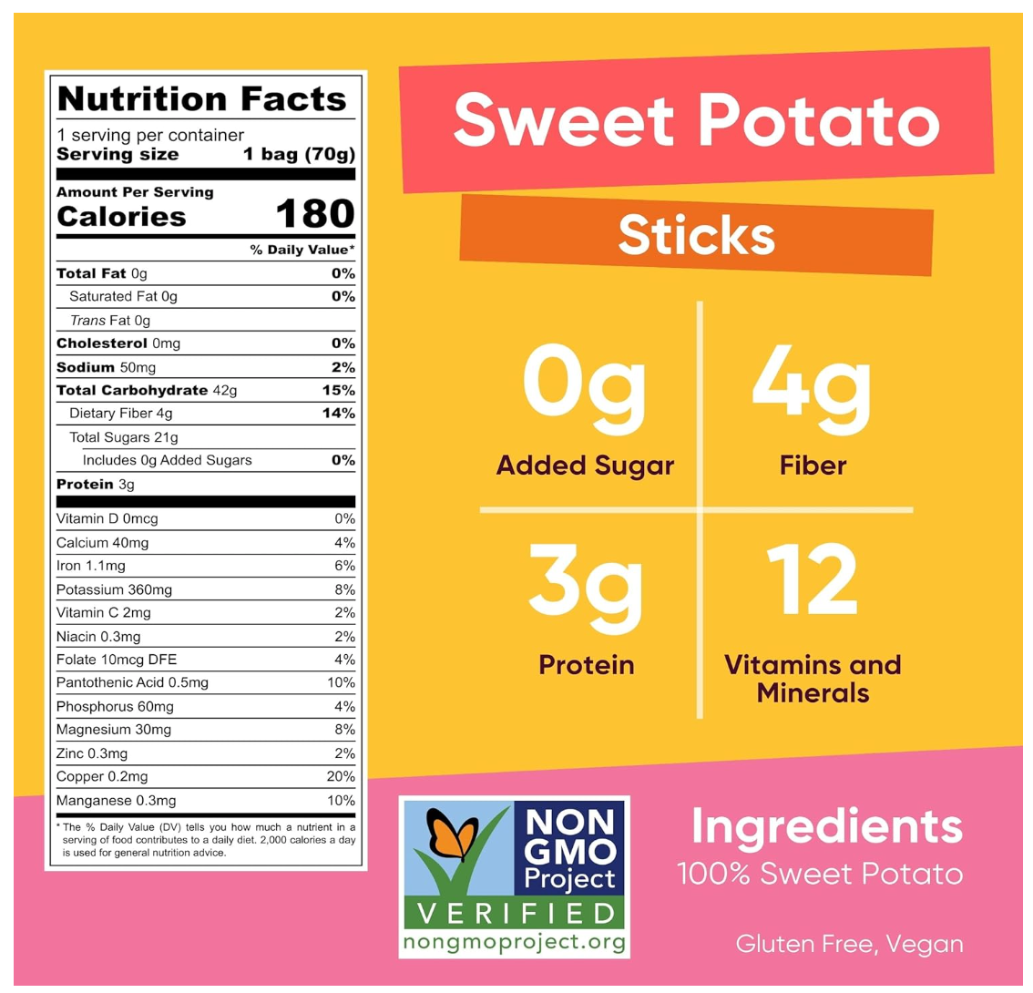 Nutrition facts and ingredient label for Yammy Sweet Potato Sticks on a yellow and pink background.