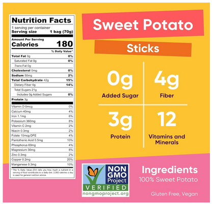 Nutrition facts and ingredient label for Yammy Sweet Potato Sticks on a yellow and pink background.